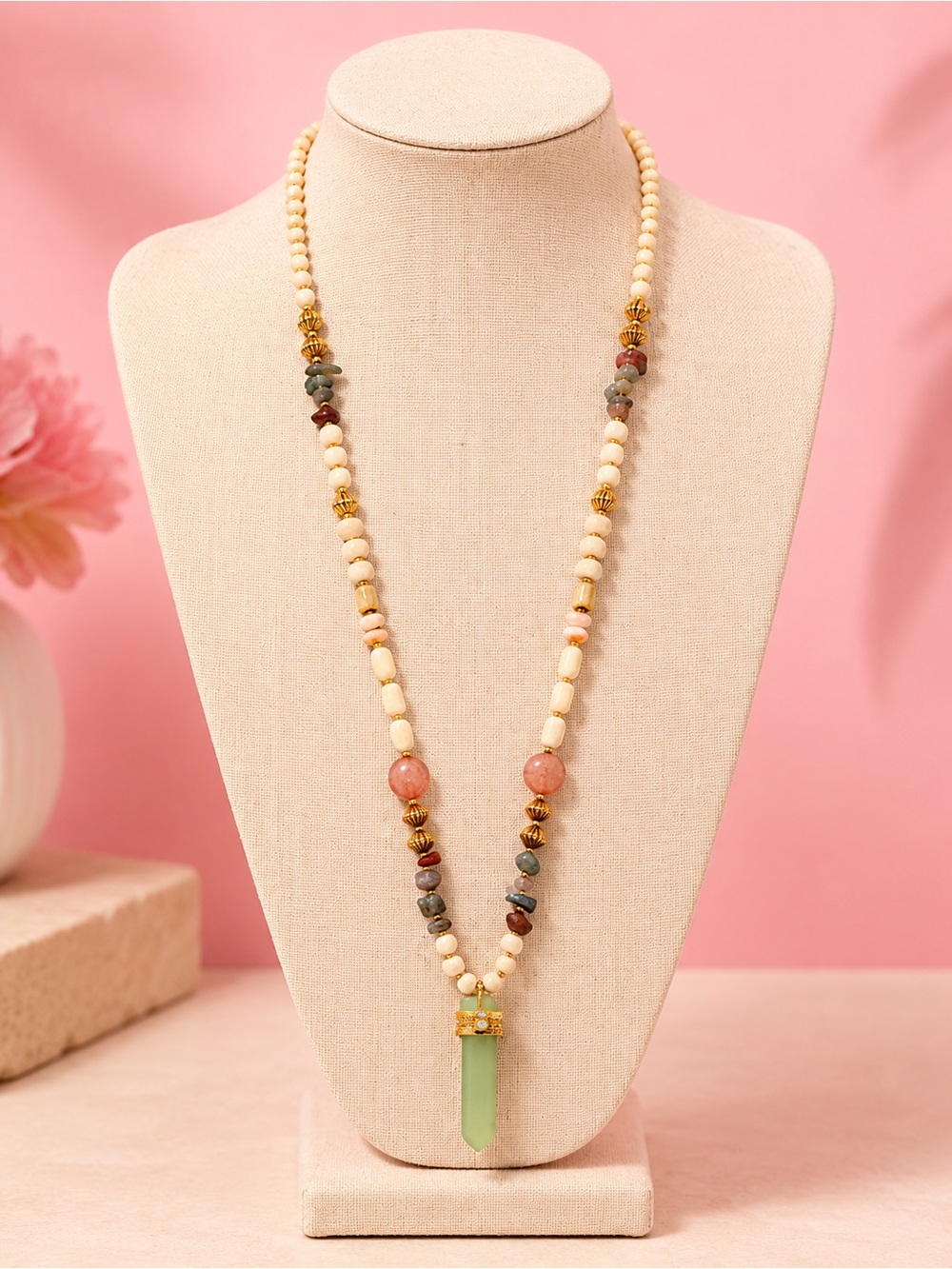 Green Jade Beaded Artisan Long Necklace - Picture 4 of 15